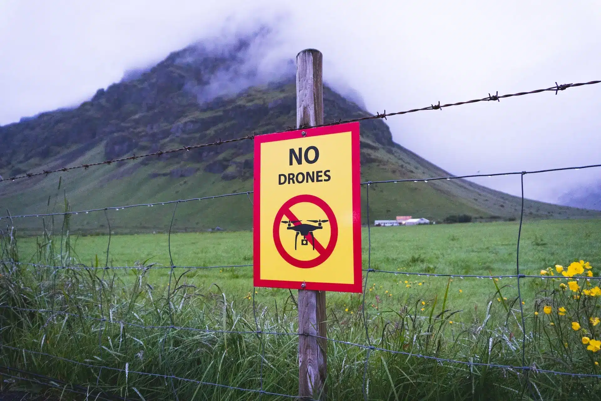 Schild verbietet das fliegen einer Drohne in freier Natur