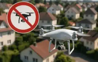Drohne fliegt über ein Wohngebiet, daneben ein Schild welches es verbietet