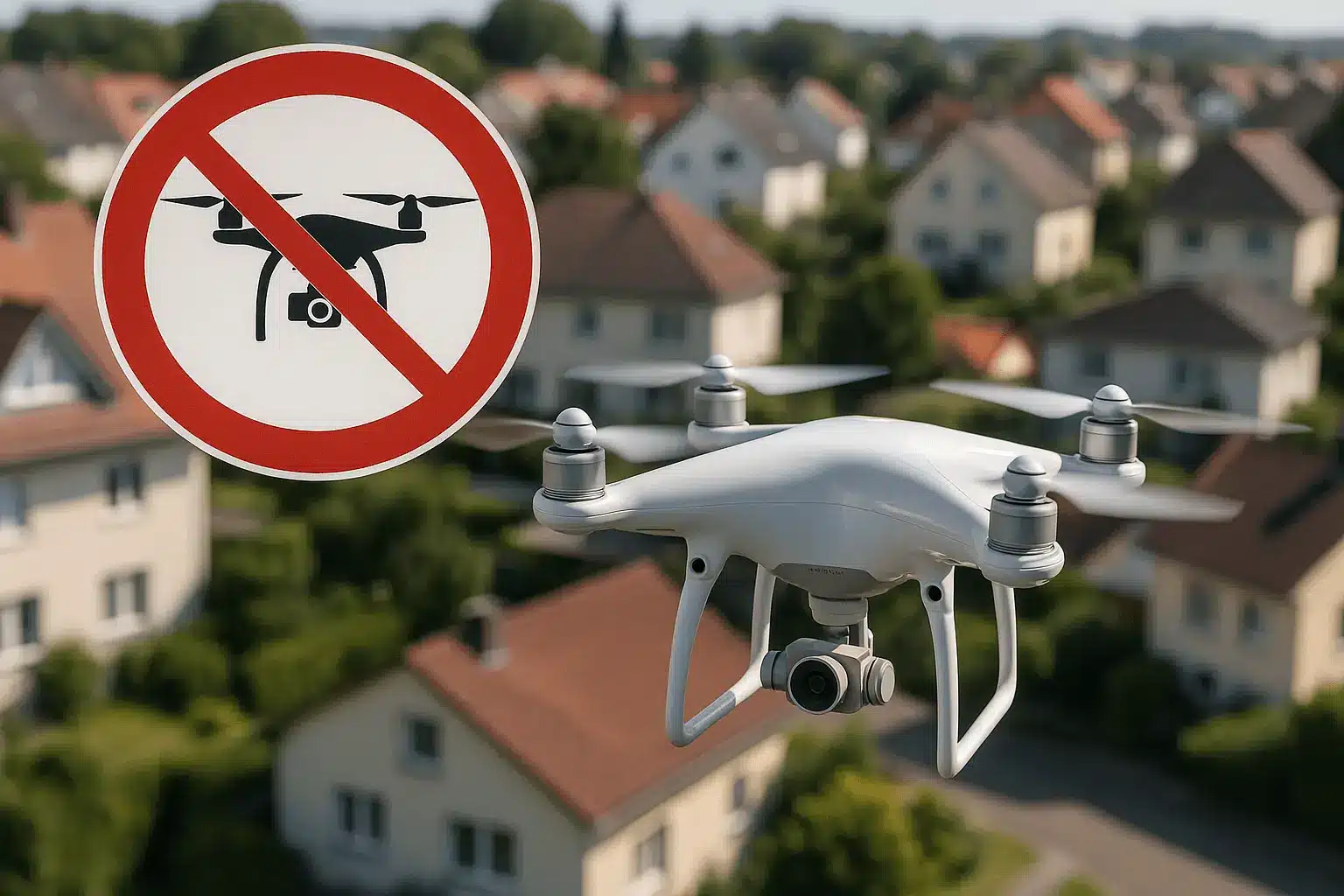 Drohnenverbot über Wohngebiet Drohne fliegt über ein Wohngebiet, daneben ein Schild welches es verbietet