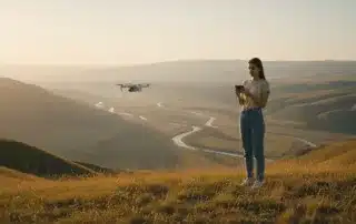 Drohne wird in einem sehr weitlaeufigen gebiet mit einer Smartphone App geflogen