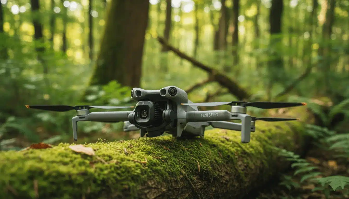 dji mini 5 pro im wald auf einem Baumstamm